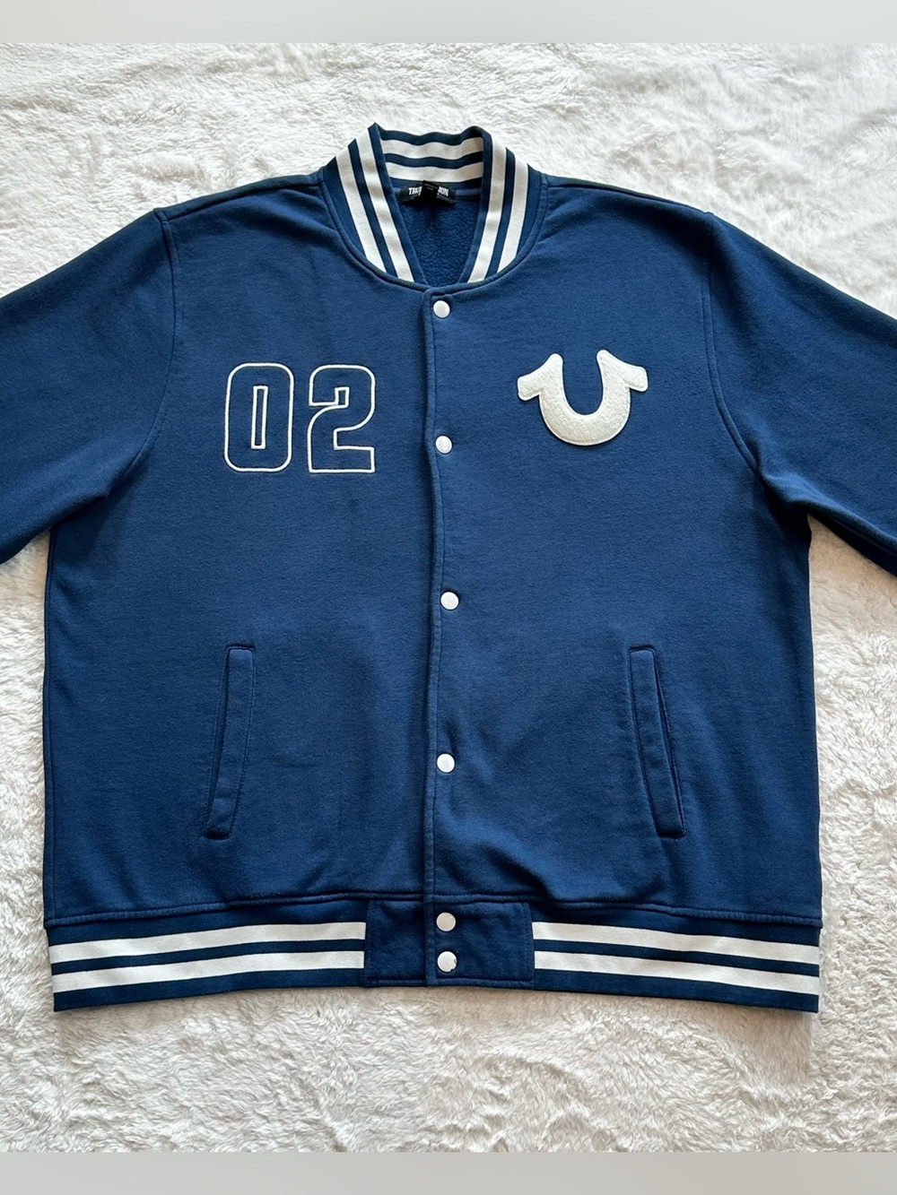 True Religion Mens Varsity Jacket XL Insignia Blue Horseshoe 02 Fleece Bomber